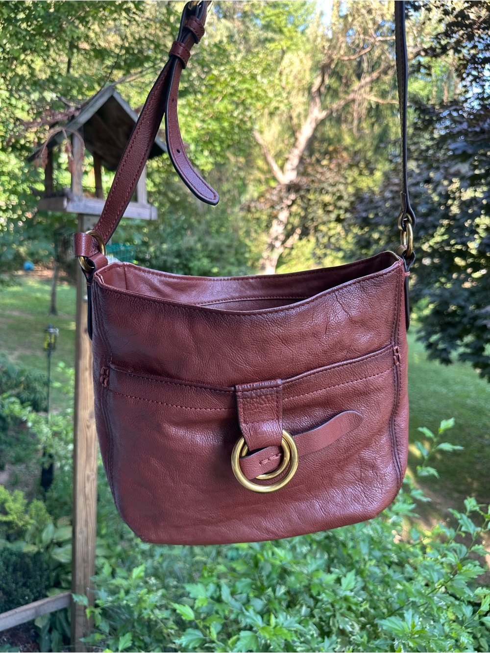 Frye Modern Ring Crossbody Distressed Brown Leather with Brass Ring Accent - Picture 2 of 11